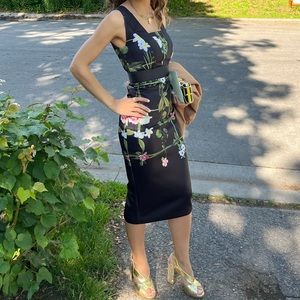 Ted Baker Secret Trellis Pencil Black Flower midi Dress Size 0
